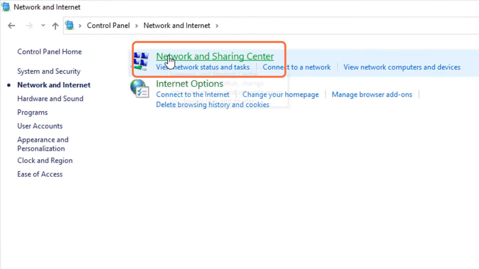 Navigate to Network and sharing center.