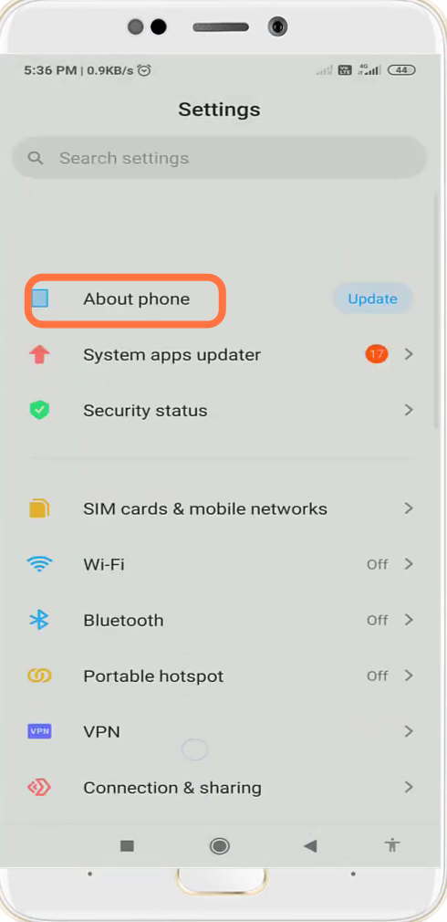 Next, you will need to navigate to "About Phone" settings. 