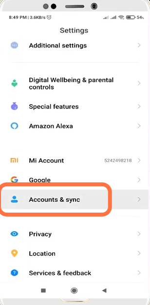 Then click on the settings and choose "Accounts & sync".