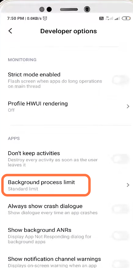 And tap on the "Background Process Limit".