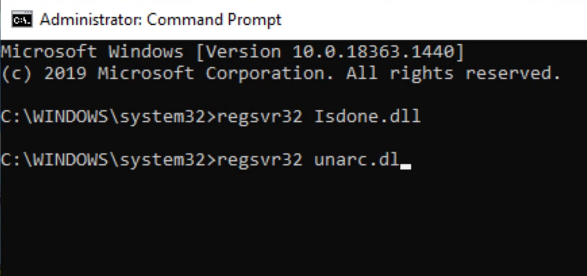The next command to run is "regsvr32 unarc.dll".