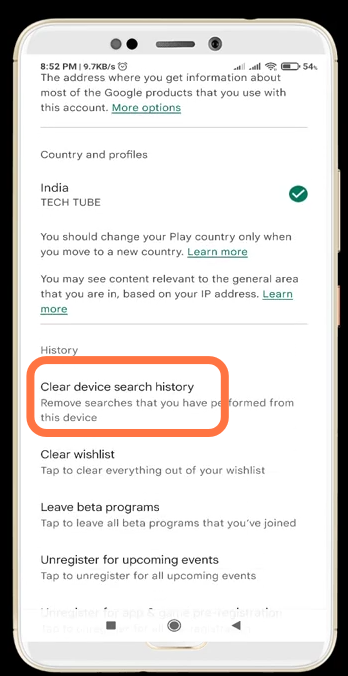 Now click on "Clear device search history" and remove data.