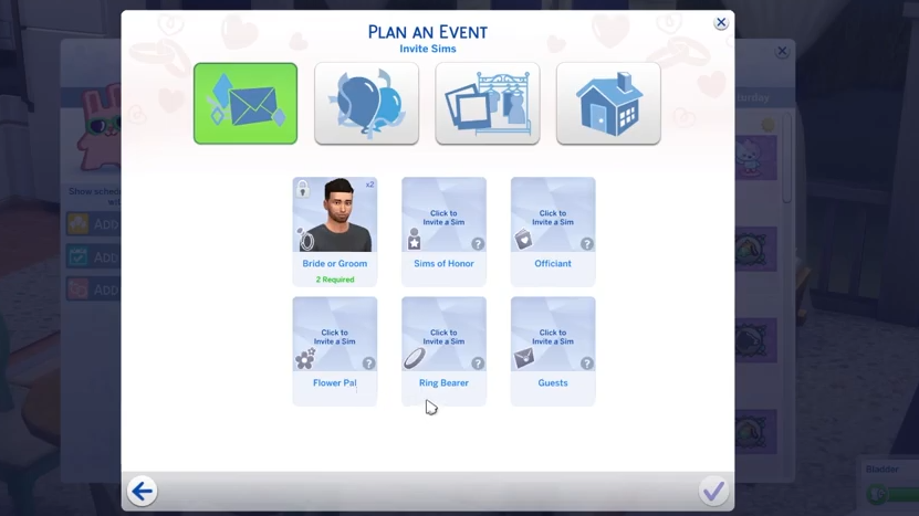 After that, choose the guest sims, flower pal, and ring bearer etc .  