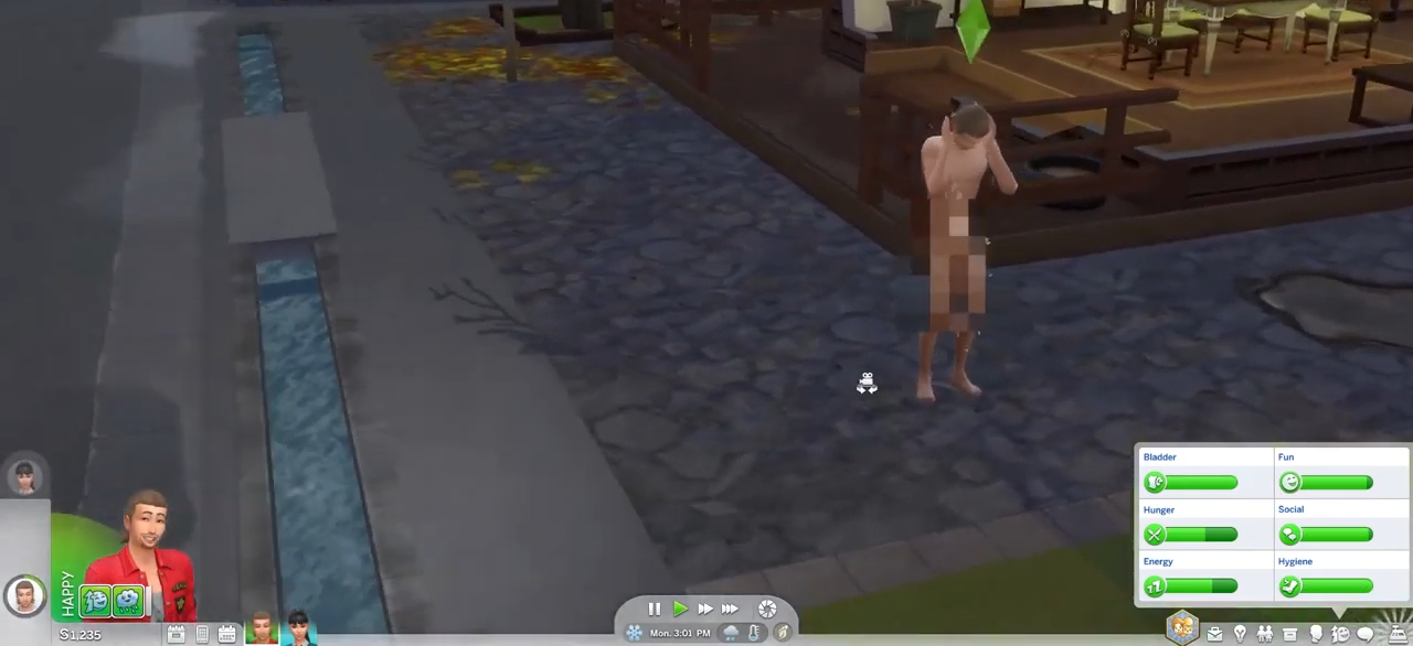 After that, your sim will come out of home to take a rain shower.  