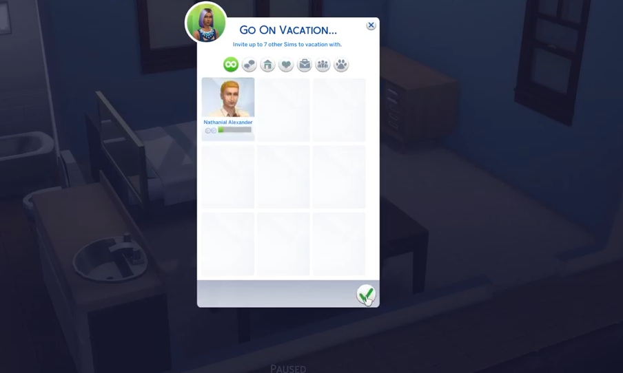 Now you can choose sims that you want to go with or you can either go alone, if you uncheck them. 