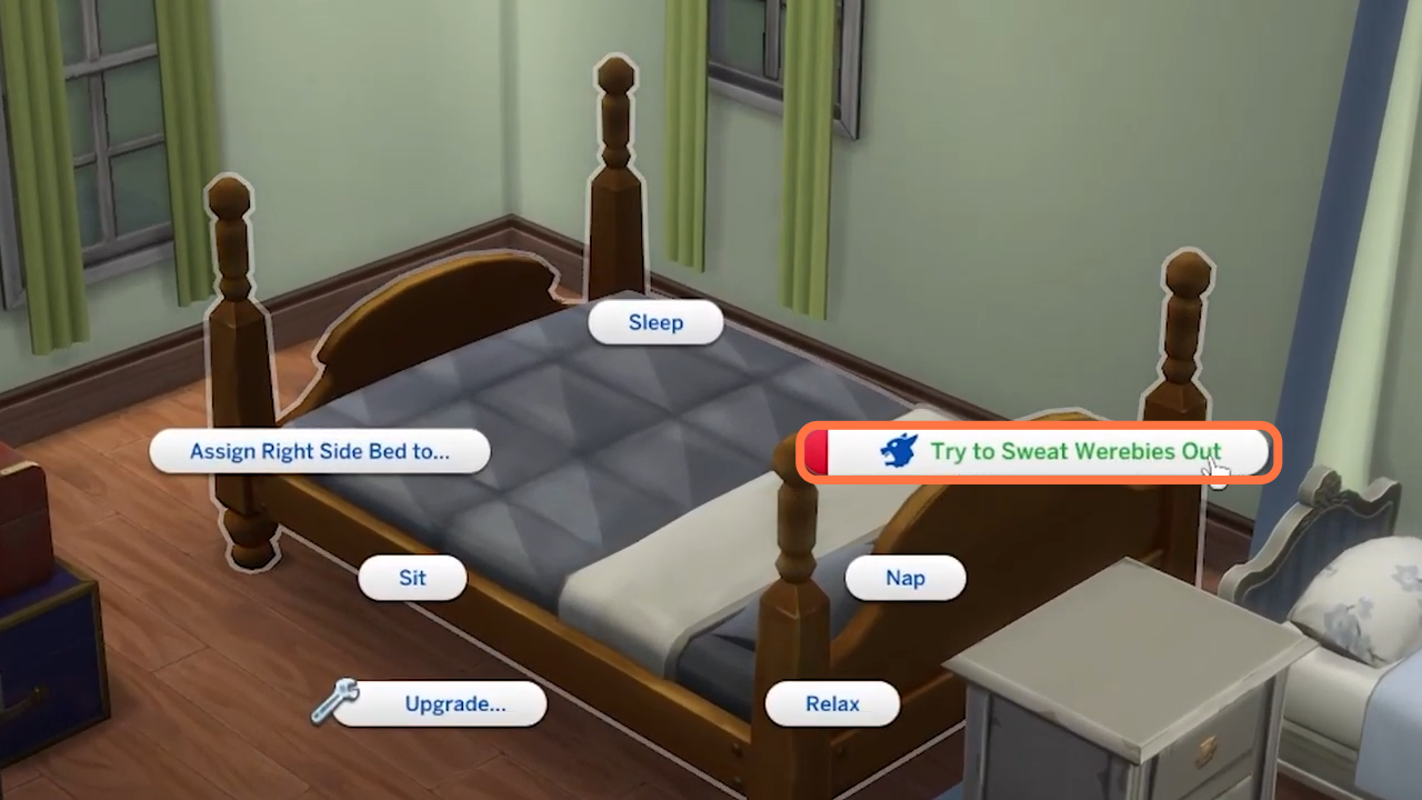 The next method is called the Bed method. You have to click on bed and choose the "Try to Sweat Werebies Out" option. 