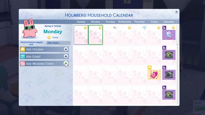 Choose a day and add wedding event by clicking on the "plus" icon in front of the event from the list.