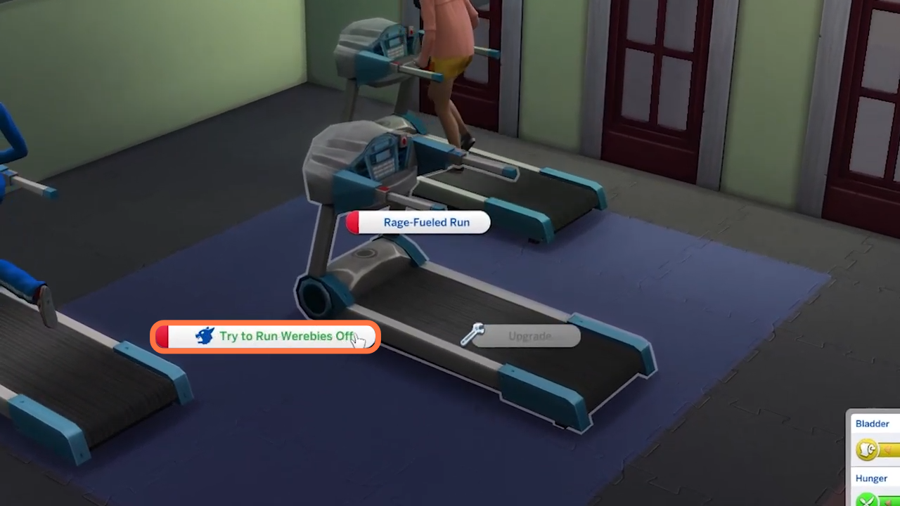 Enter into gym, click on treadmill and choose the "Try to Run Werebies Off" option.  