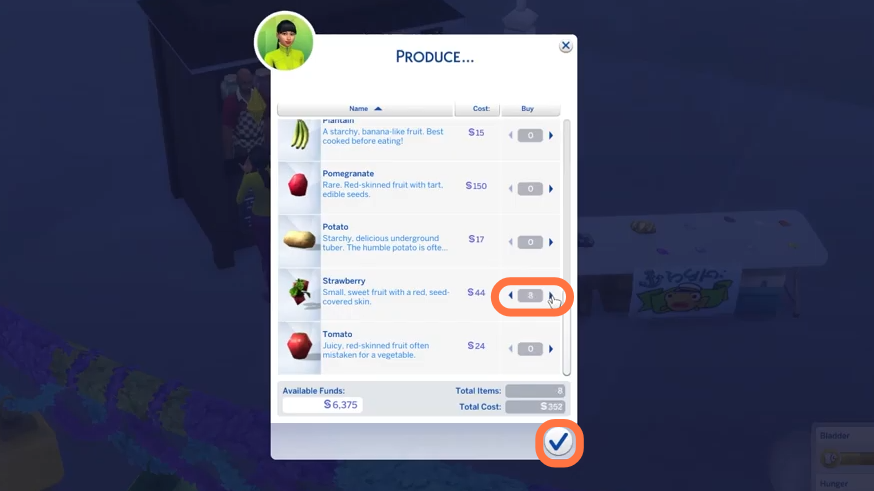After that, choose to buy strawberry seeds from list and set the quantity using arrows and click on the Tick icon. 