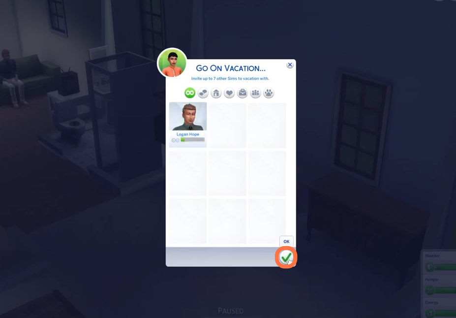 Now you can choose sims that you want to go with or you can either go alone if you uncheck them. 