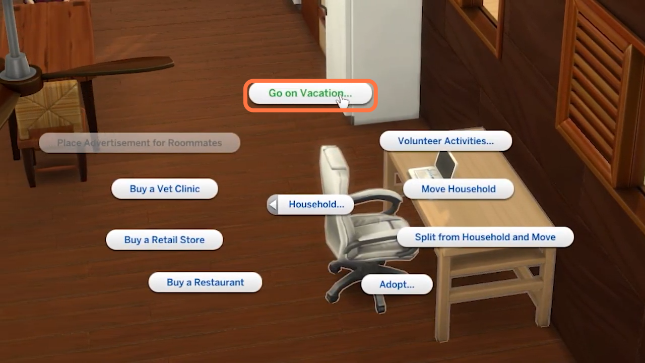 Then select "Go on Vocation" from the options with in Household. 