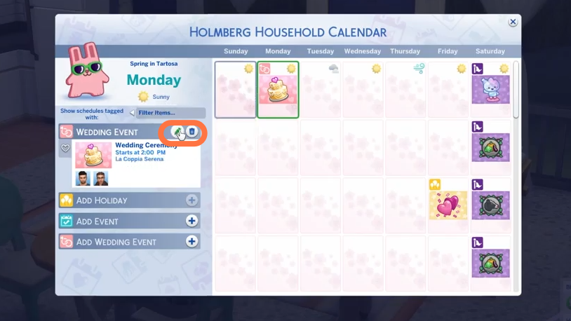 You can also edit your wedding event. Go to calendar and click on event, select little Pencil icon to change something. You can also cancel the event by clicking on delete icon. 