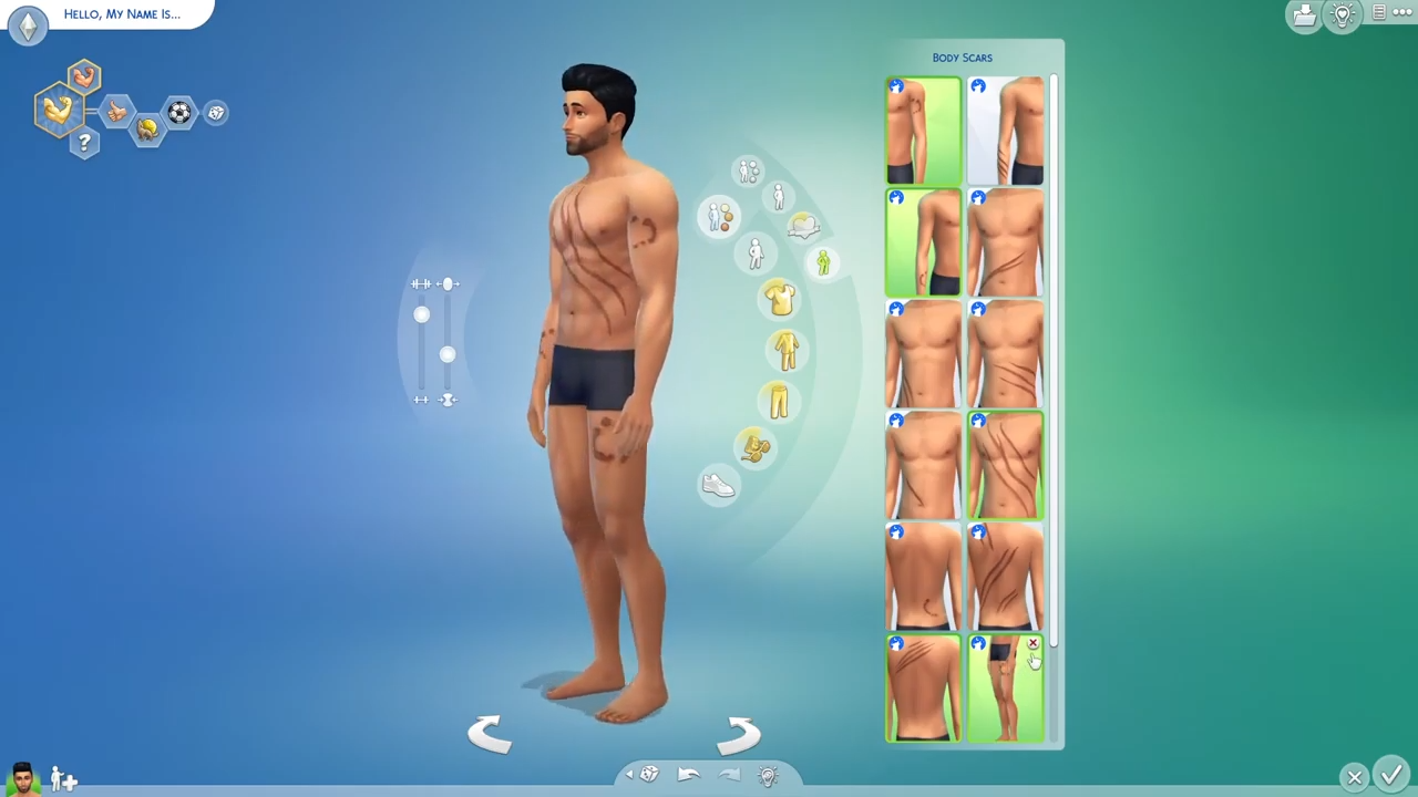 You can add body and face scars. You have to choose part of the body you want scars on. You can select more than one parts of body.  