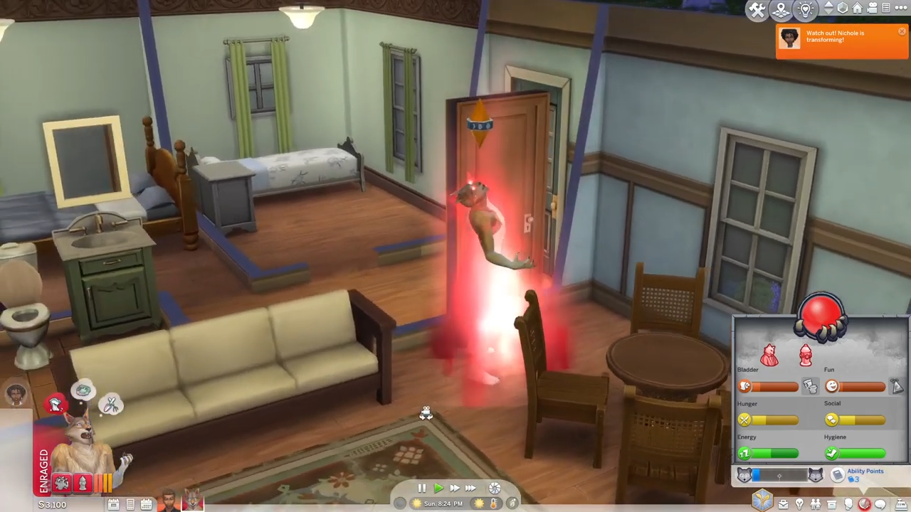 Then you will see your sim's transformation into werewolf. 