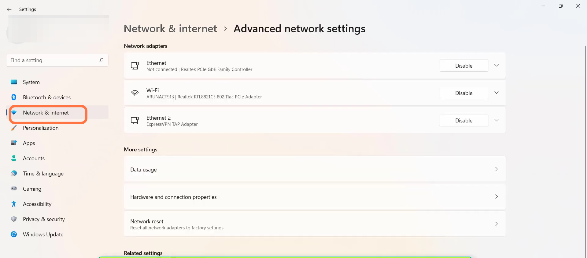Go to "Network & Internet" and then navigate to Advanced network settings.