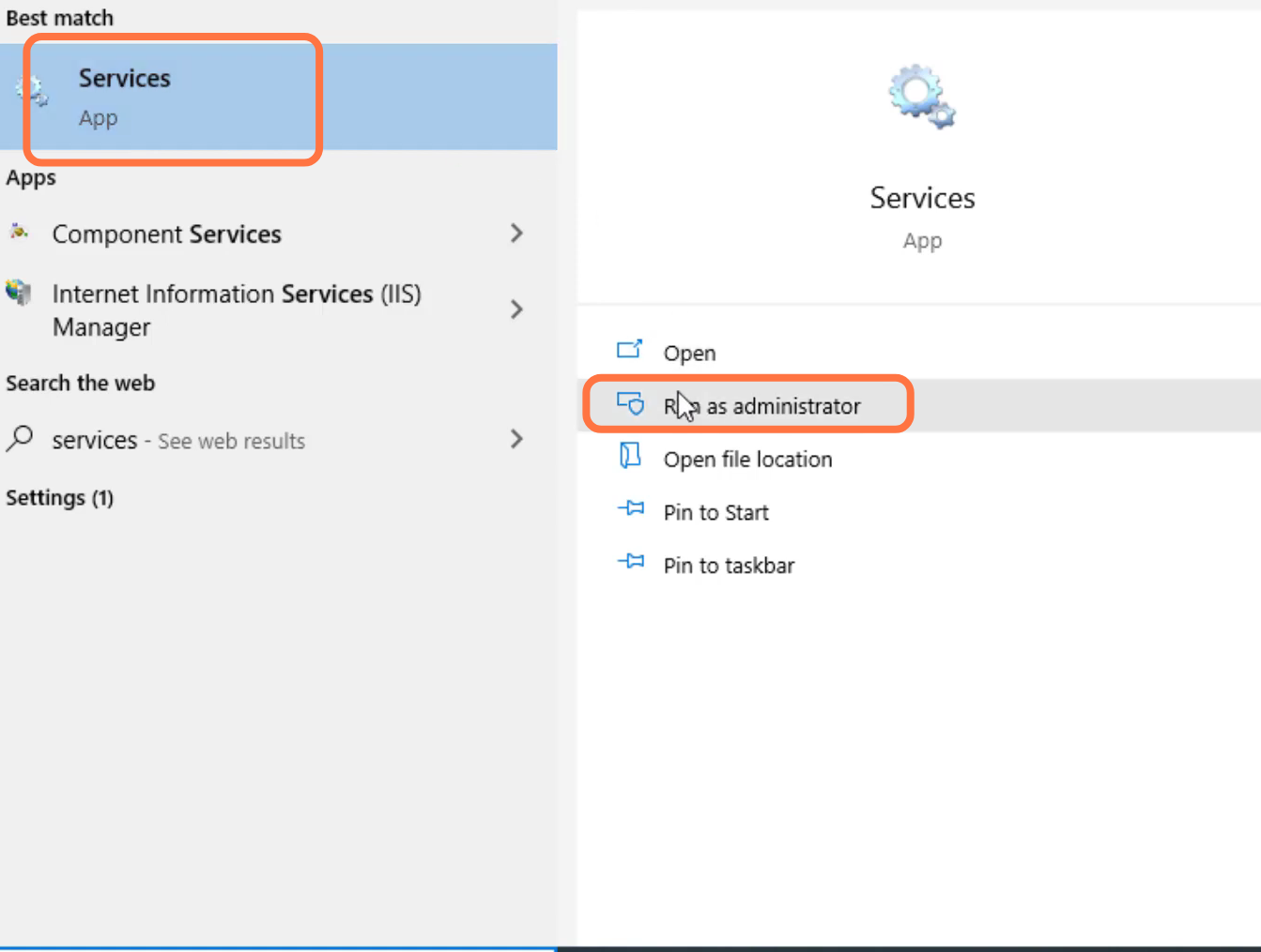 First, you will need to search for services and click on "run as administrator". 