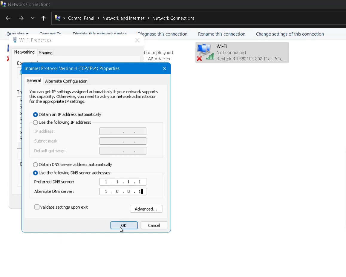  You need to select "use the Following DNS server addresses", type 1.1.1.1 in Preferred DNS server and 1.0.0.1 in Alternate DNS server. 