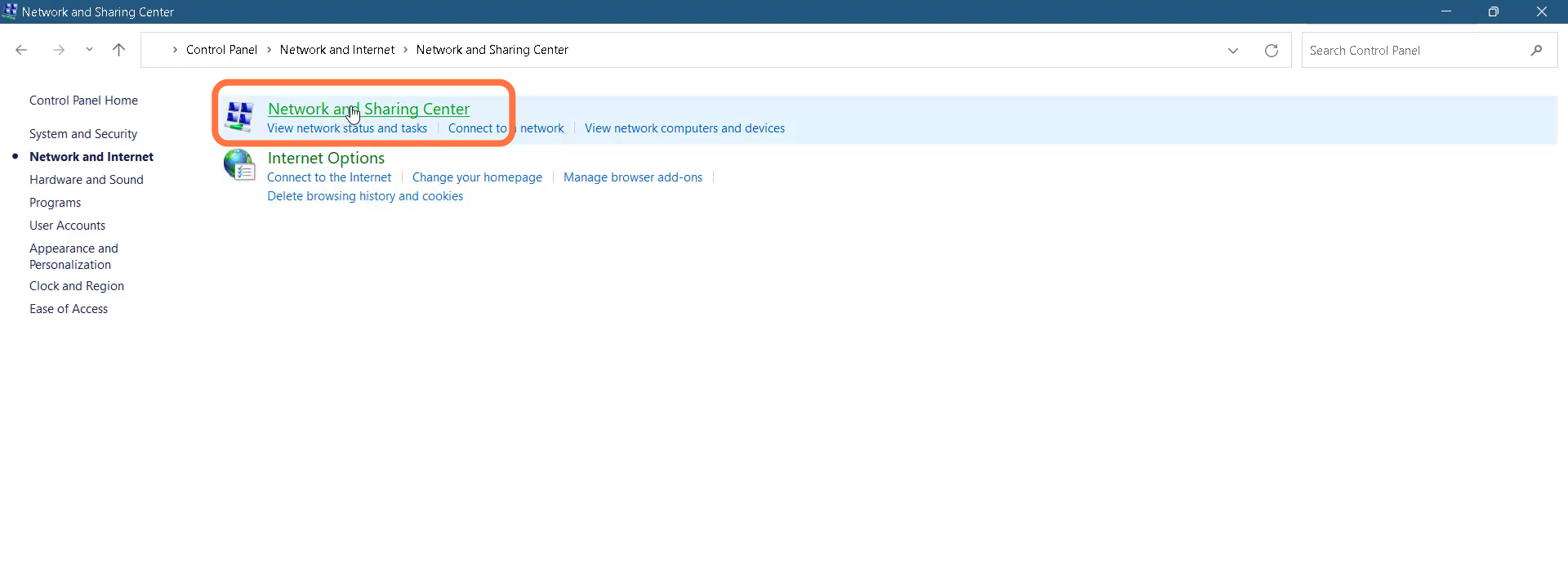 And then navigate to Network and Sharing center. 