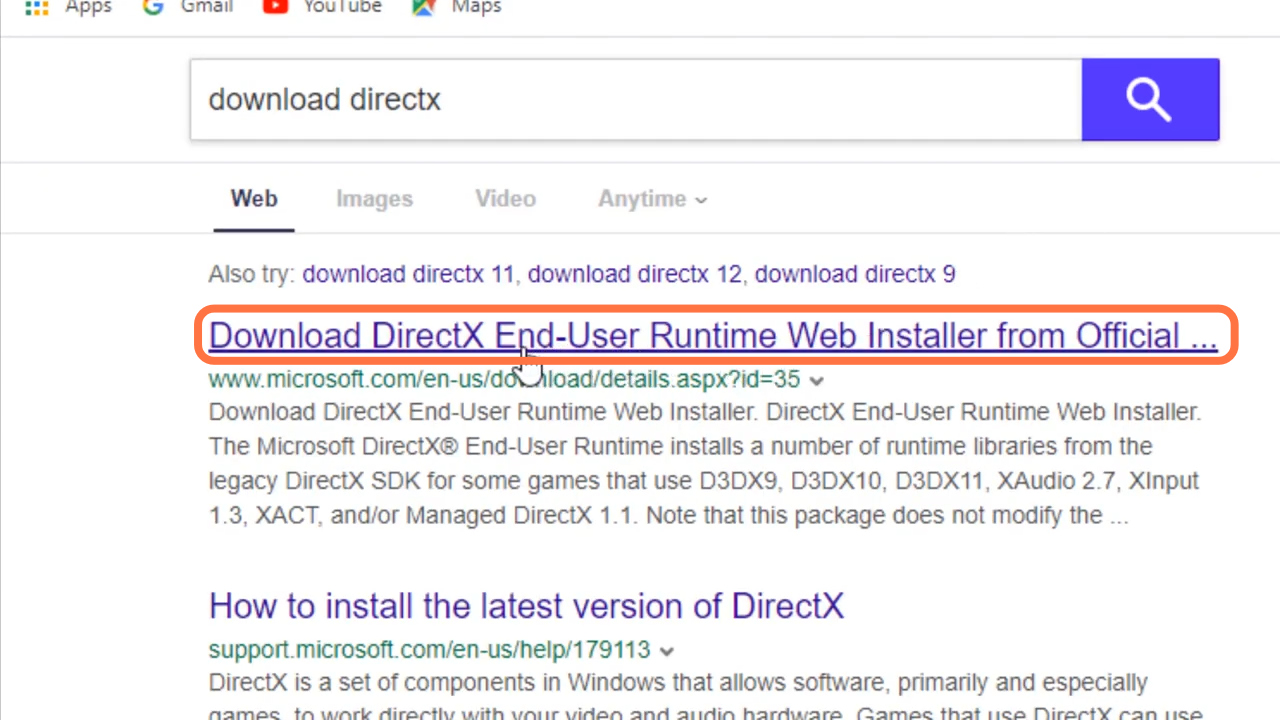 You will need to type "Download directx" on Google chrome and click on the first link. 