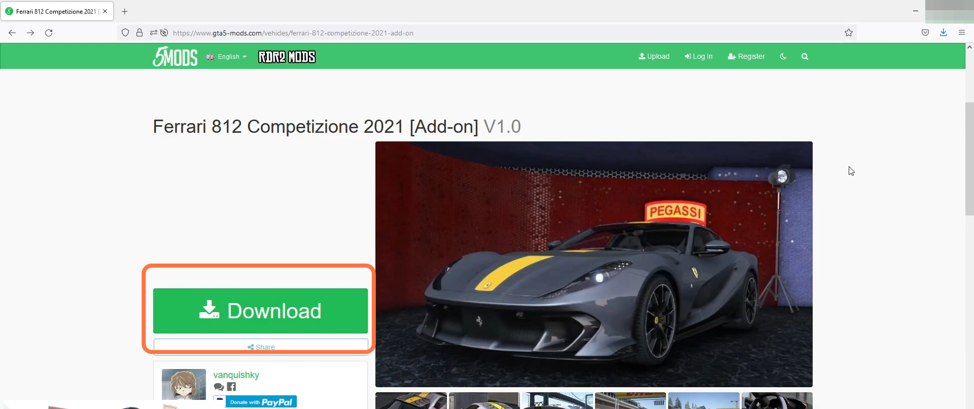 First, you will need to download the mod file from "https://www.gta5-mods.com/vehicles/fe...". Open the link and click on the Download button to download the mod file.