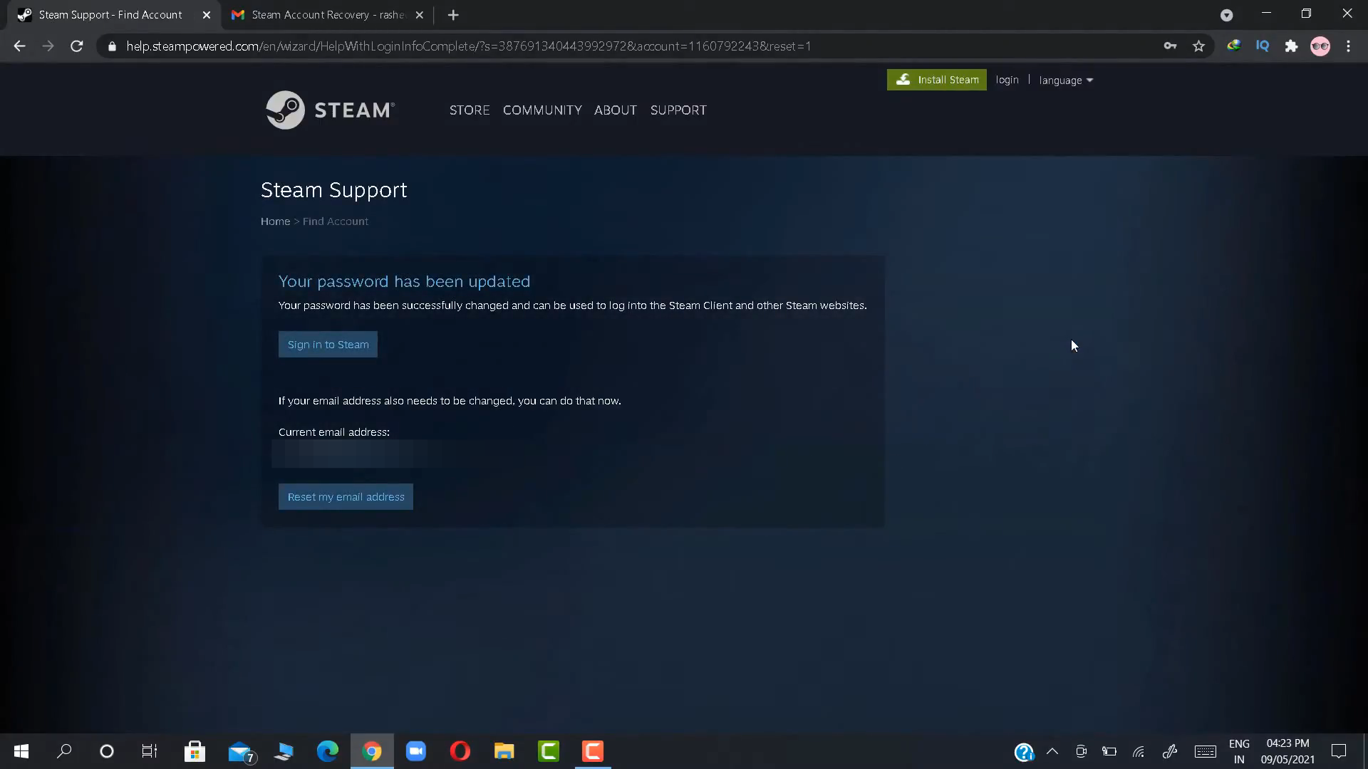In the next page it will confirm that your password is changes and you can log into the steam account.