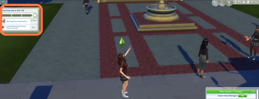 Your selected teen age sims will arrive at the school and they will have some free time before taking a class. 