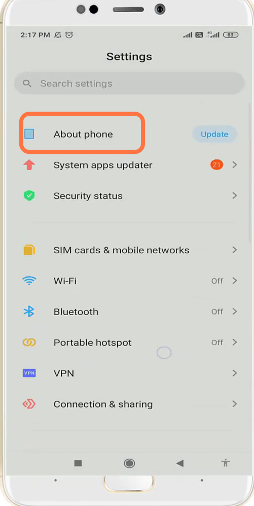 After that. you have to navigate to "About Phone" settings. 
