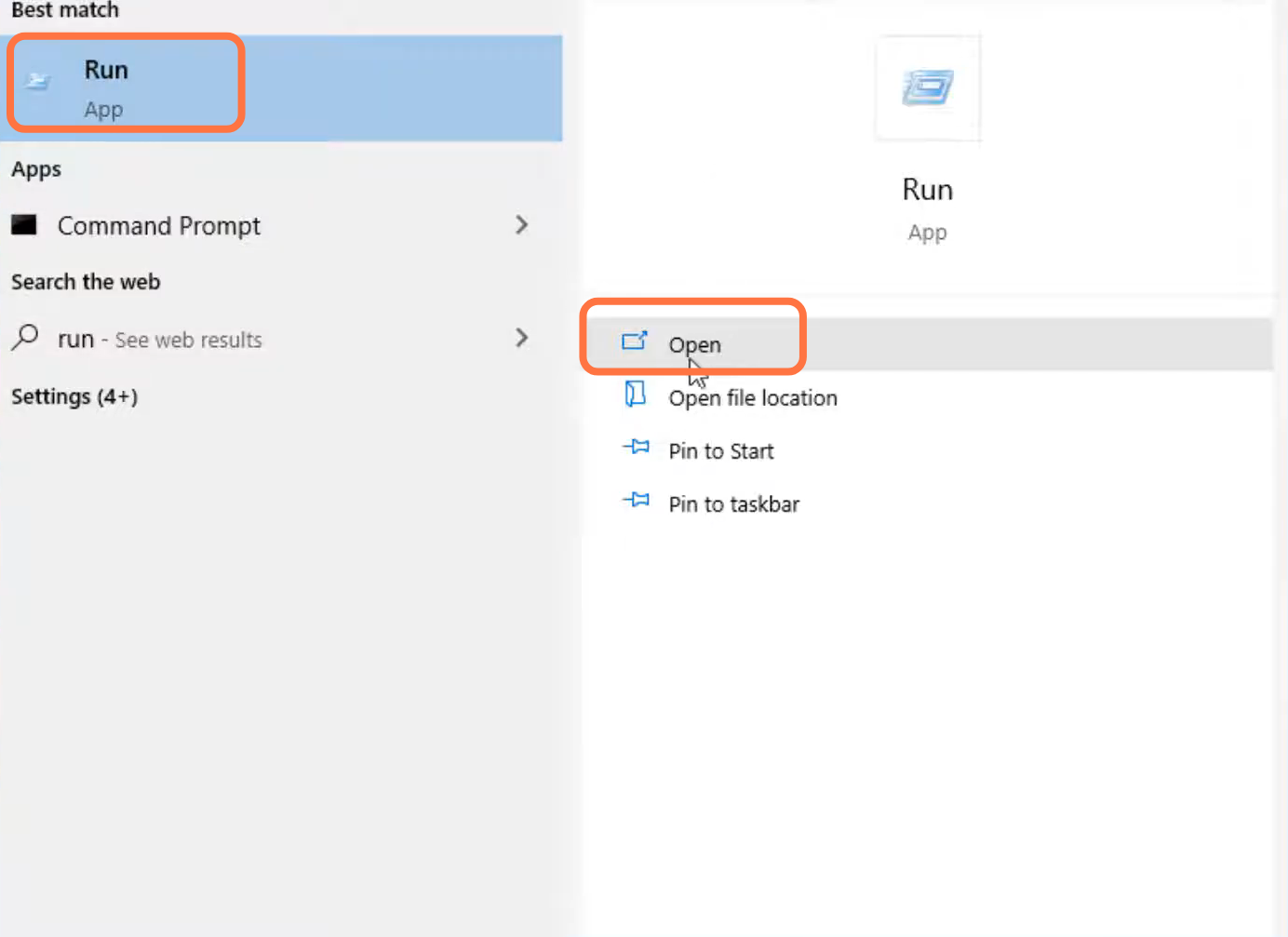 You will need to search for "Run" in the search bar and Click on "open".