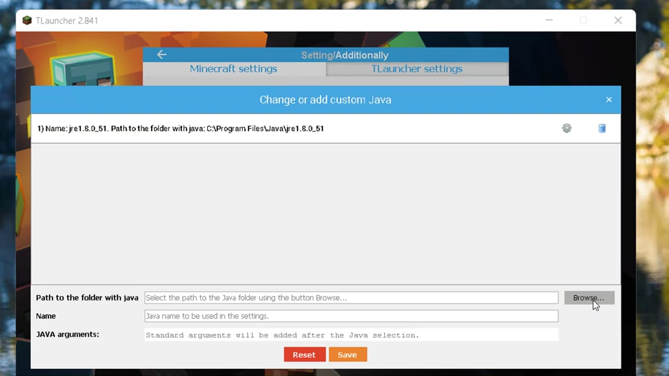 Now after installing the java exe file, open Tlauncher and enter into settings at the bottom right of the screen, click on change tab and then on browse