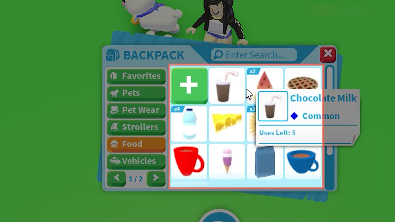 You need to select which food or drink you want to give them from your backpack.
