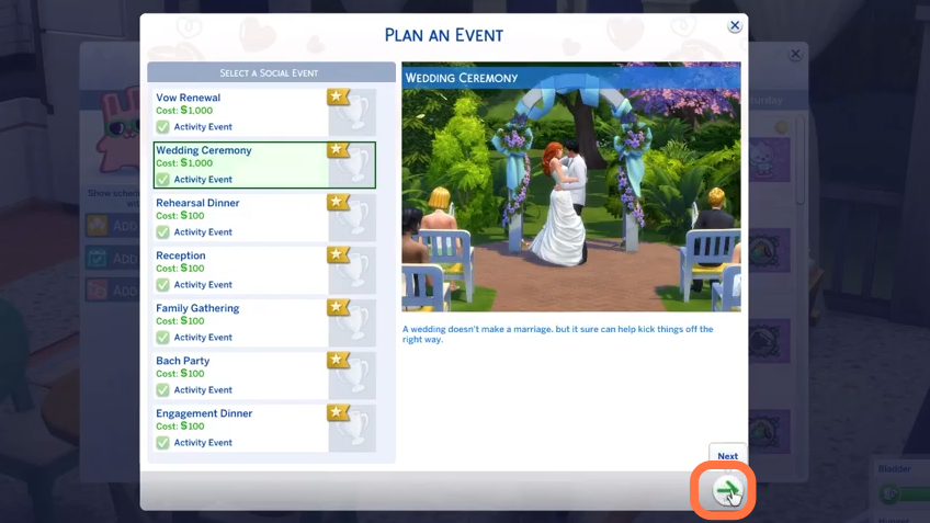 Then you need to choose the Wedding ceremony option from the list of social events and click on arrow at the bottom right side. 