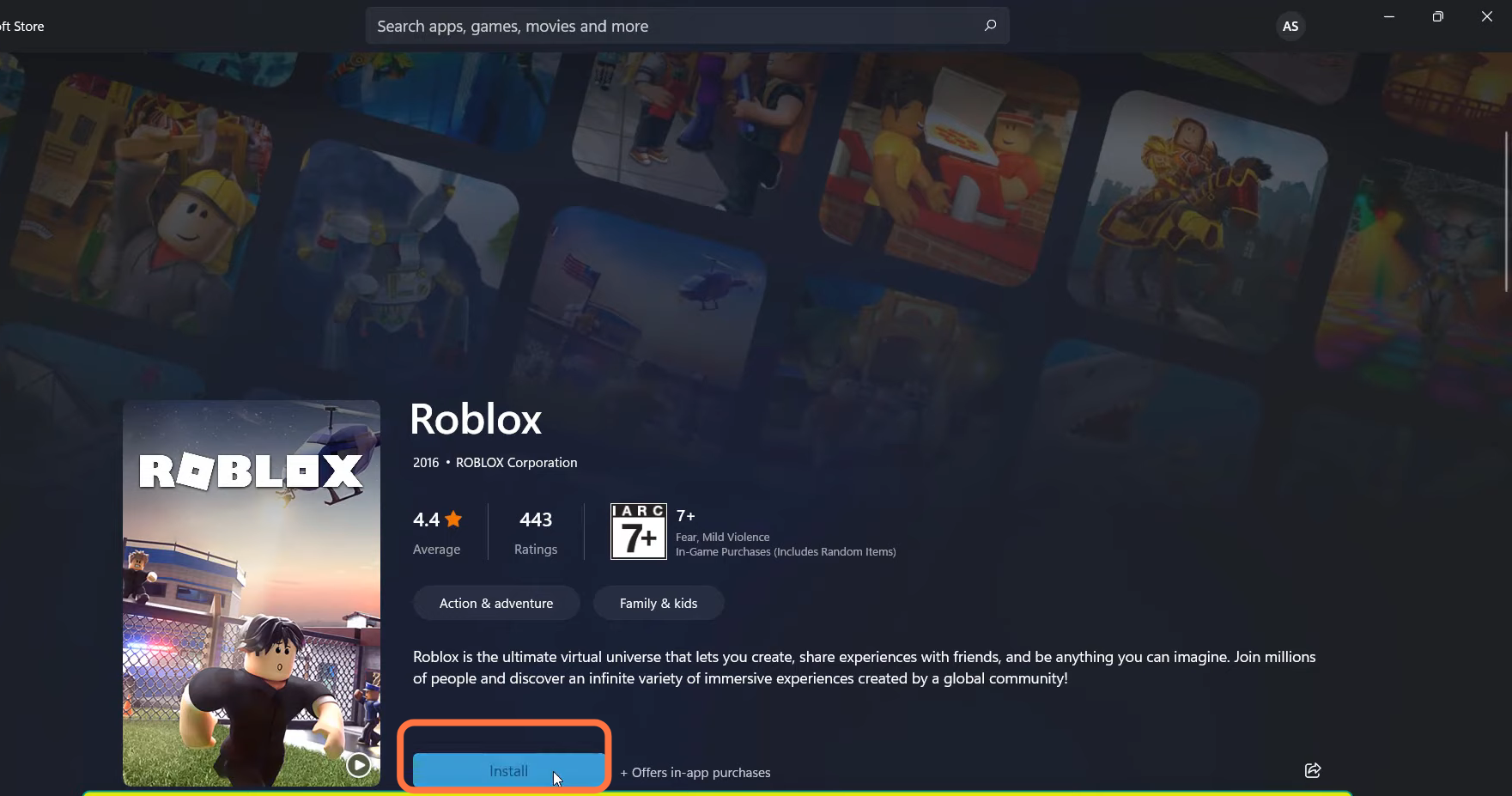 And search for Roblox. Then click on Install > Play.
