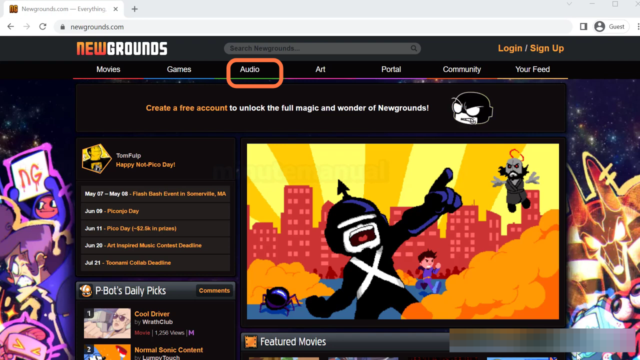 So on the PC on the new grounds homepage click on audio and then find the song that you want.