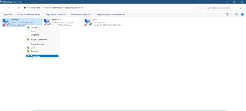 Now you need to Right Click on the Ethernet and go in properties.