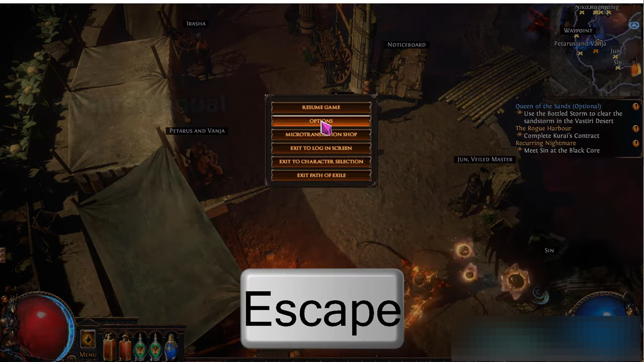 Now if we head over to the path of exile and open up the options by pressing escape and clicking on options.