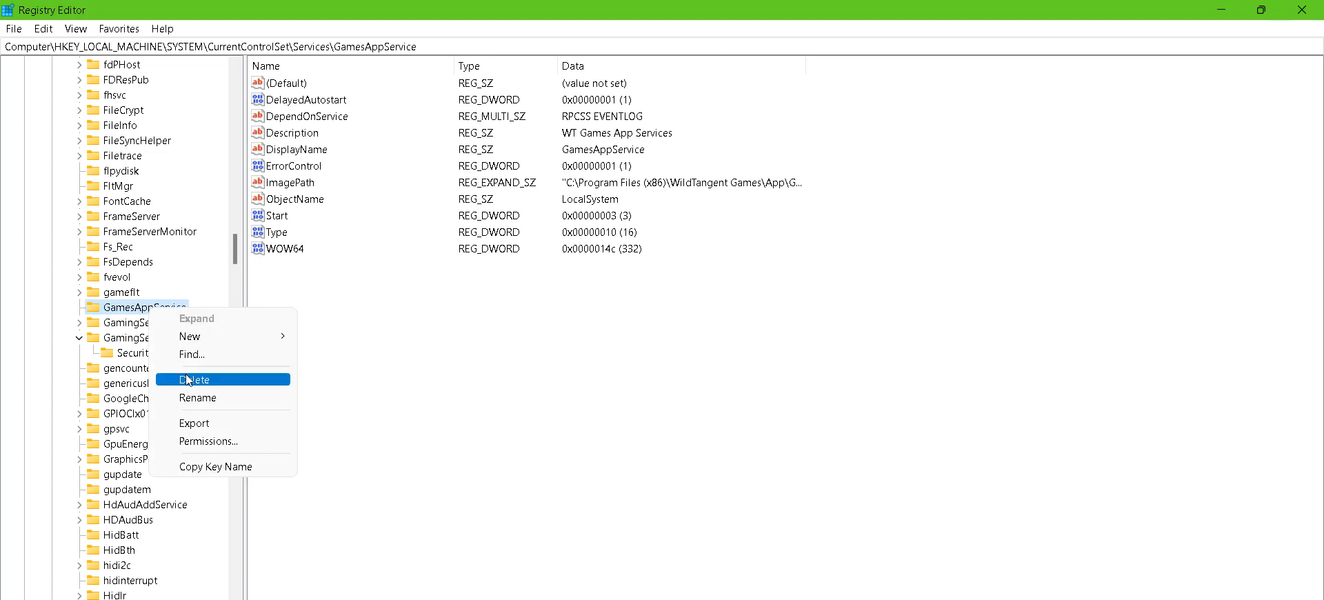  After that, left click on the GameAppservices and delete it. 