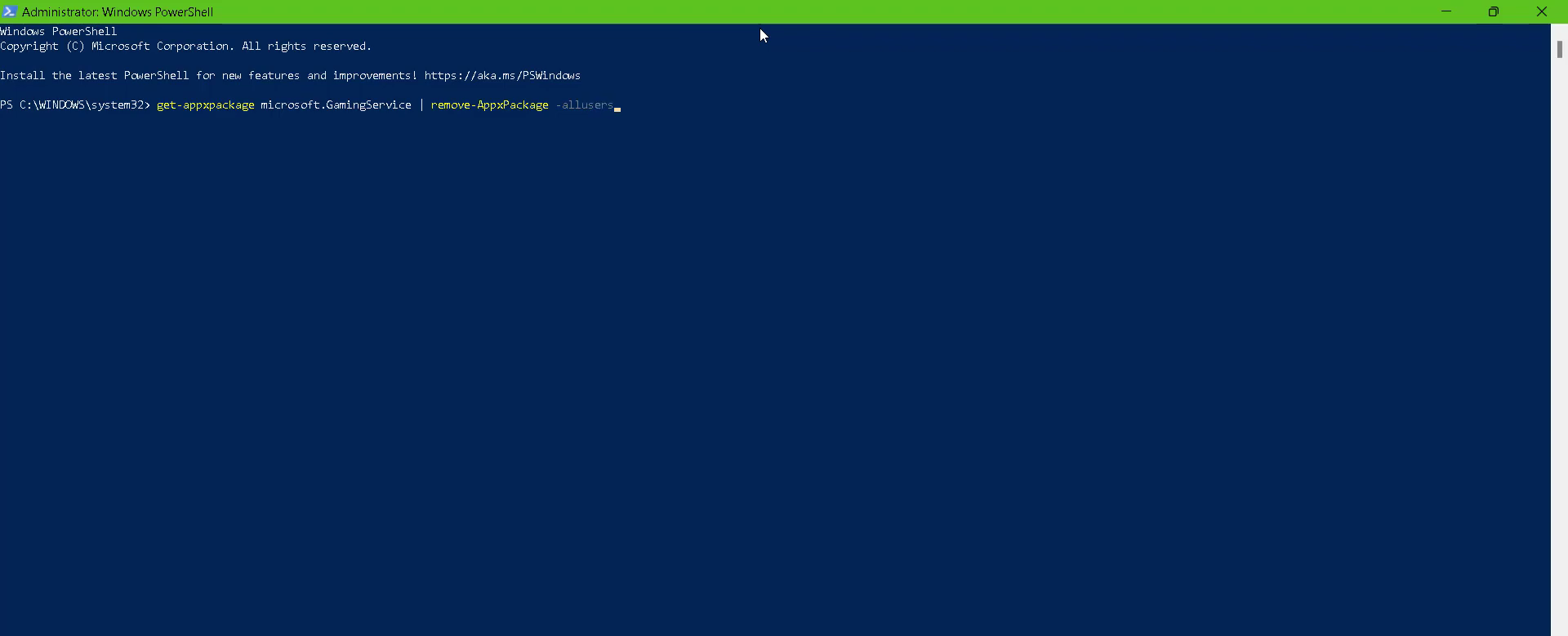 get-appxpackage microsoft.Gamming service | remove-Appxpackage-alluser