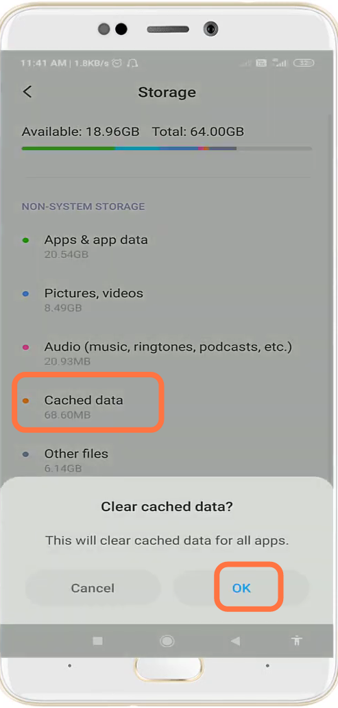 Click Cached data and press the OK button. 