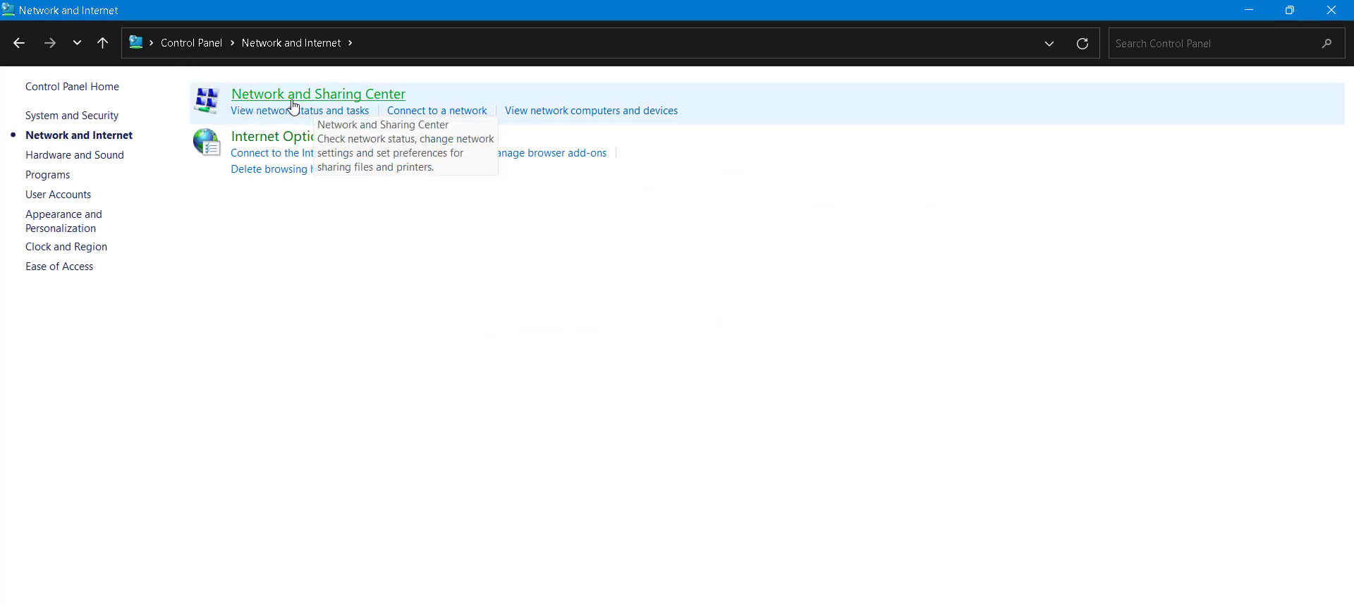Double-click on "Network and Sharing Center".