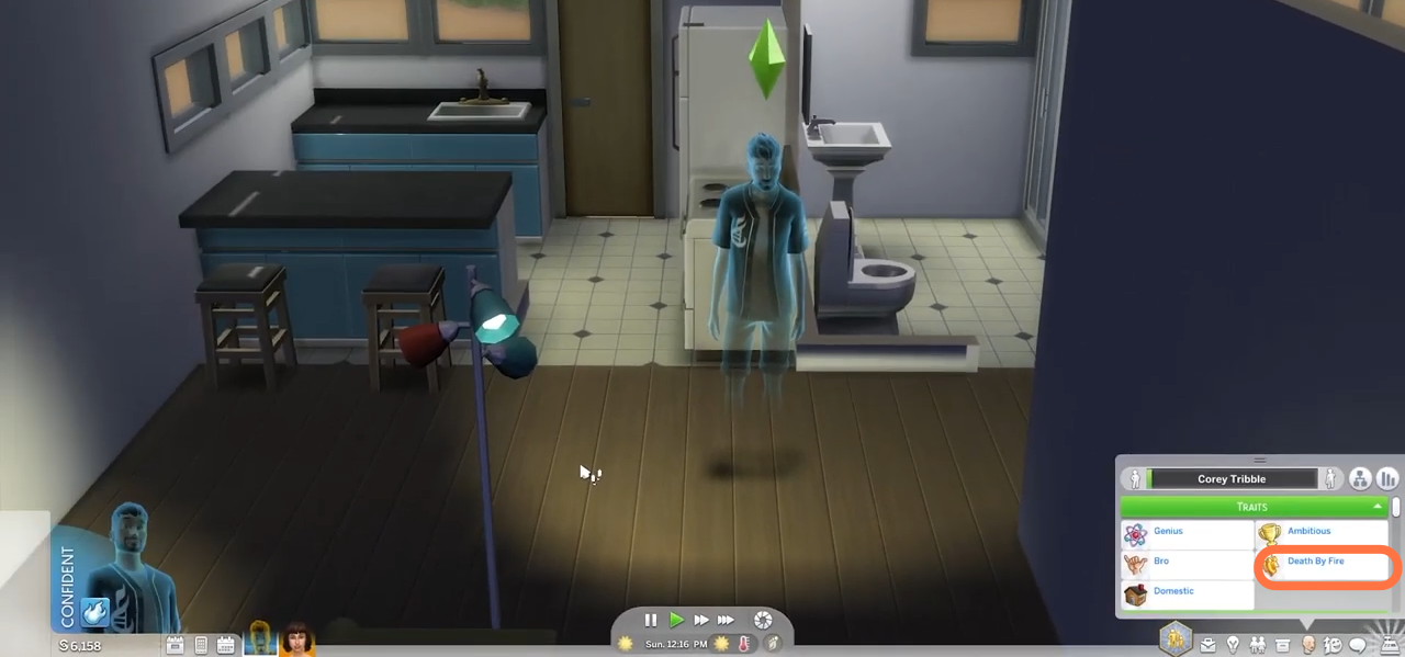 If your sim died of fire, you can get them back from ghost to human. Press CTRL+Shift+C altogether and hit enter on your keyboard to open the cheat box.