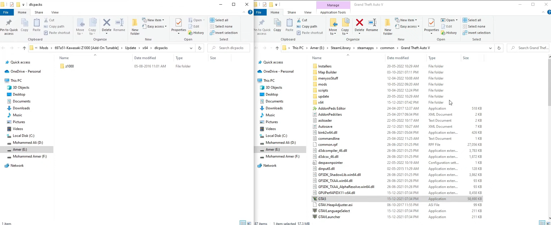 Open up the extracted folder and then enter into update > x64 > dlcpacks. You also need to open GTA5 main directory on other side. 