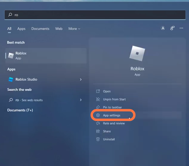 Click the Start button and type in Roblox and enter into the Roblox app settings