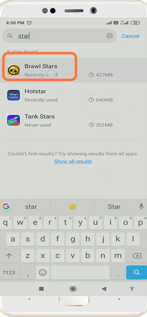 Then you have to search Brawl Stars in the setting. 