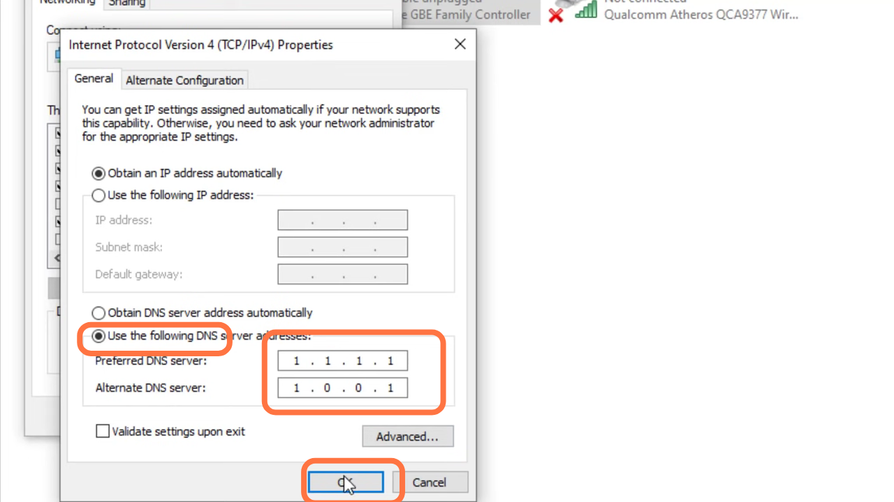 You have to enable the DNS server and input 1.1.1.1 in "Preferred DNS server" and 1.0.0.1 in "Alternate DNS server". 