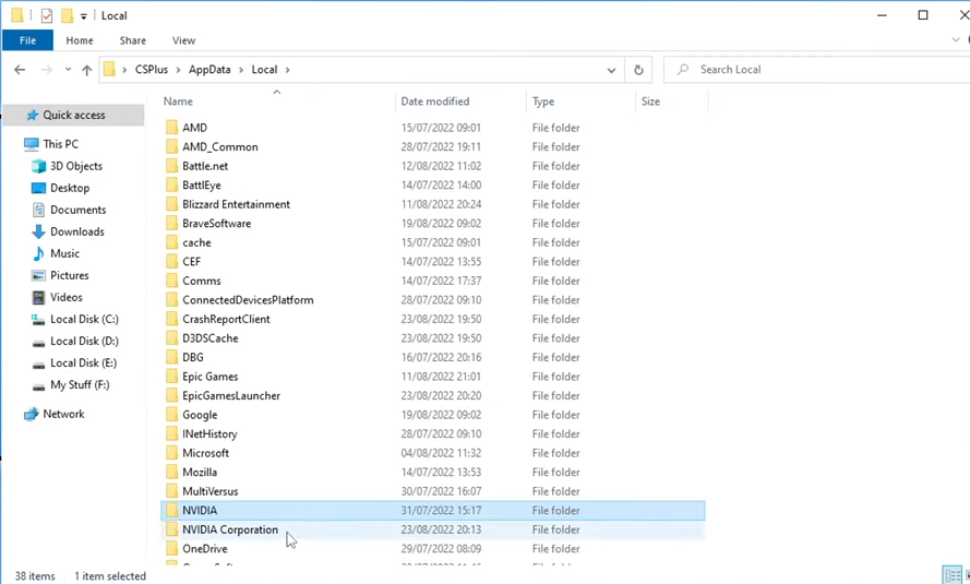 Once you've done that now go ahead and select local and you then need to go into the Nvidia corporation folder if you see an NV_Cache folder go into this folder and delete any files that are in this folder as well. Not everyone can see this folder if you can't then that just mean