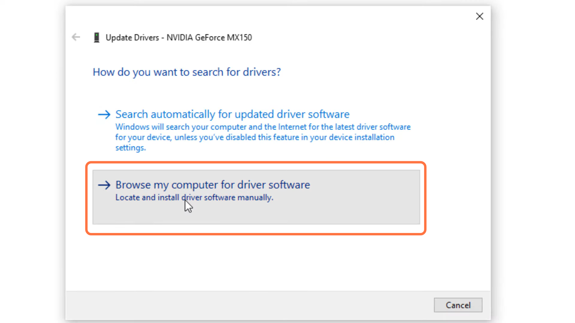 After that, click on "Browse my computer for driver software". 