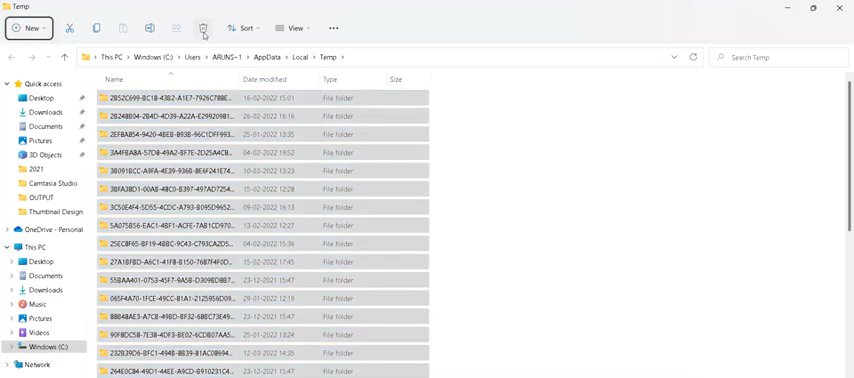 You have to select all the files from the opened folder by pressing 'Ctrl+A' and delete them.