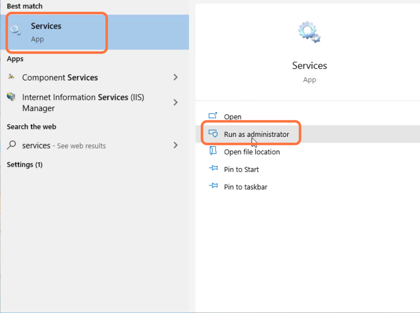 First, you will need to search for services and tap on "Run as administrator". 