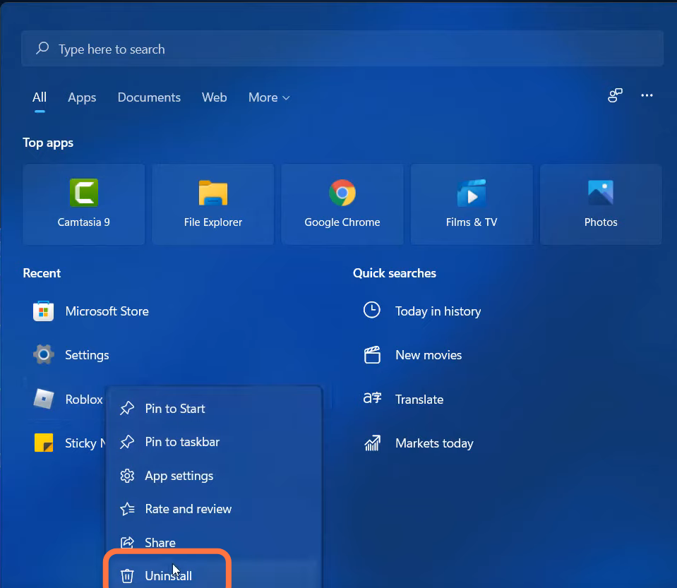 Now you will need to right click on Roblox and tap on Uninstall. 