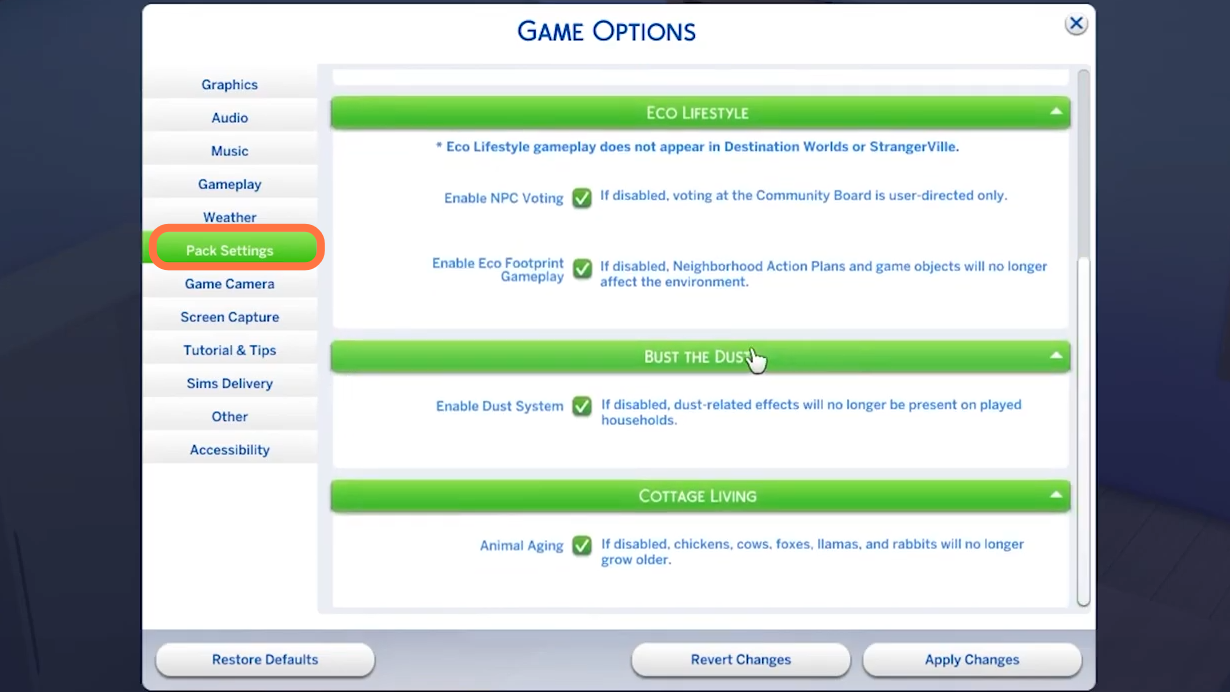 After that, click on Pack Settings in the Game Options.